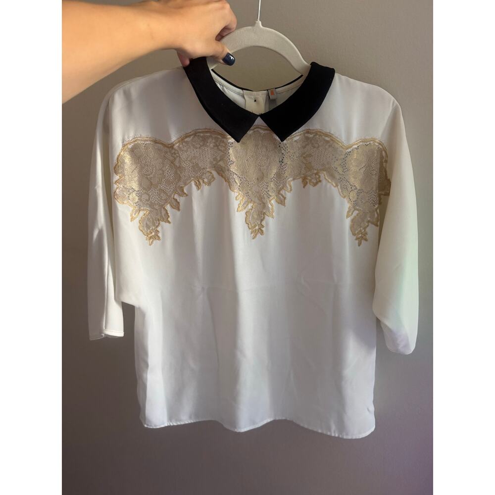 Cop Copine Paris White Blouse with Embroidered Lace Mesh Overlay Collar Top S - Picture 10 of 10